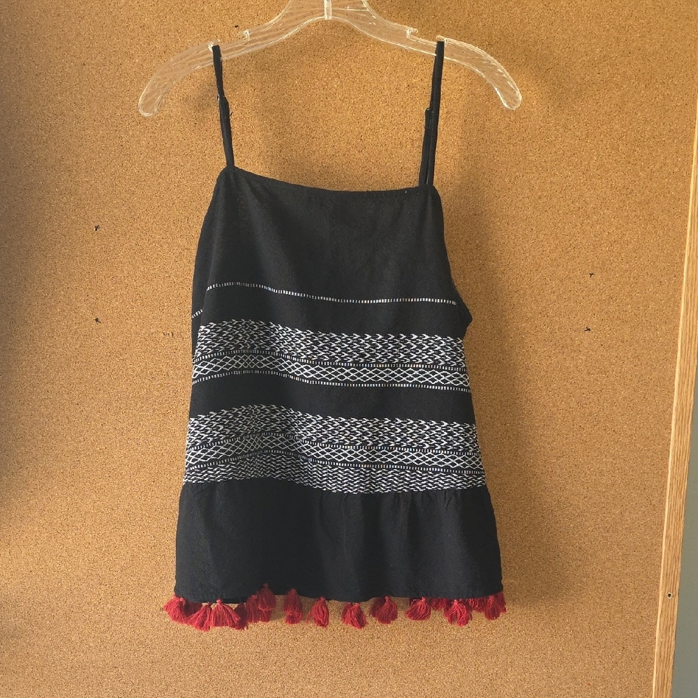 Ana A New Approach Black Cotton Embroidered Boho Tank Top w/ Red Tassels XL